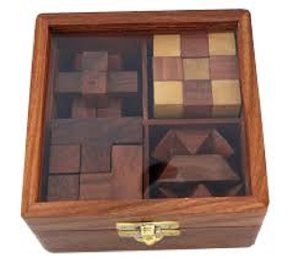 4 IN 1 Wooden Puzzle Game with Glass Top, Indoor Game