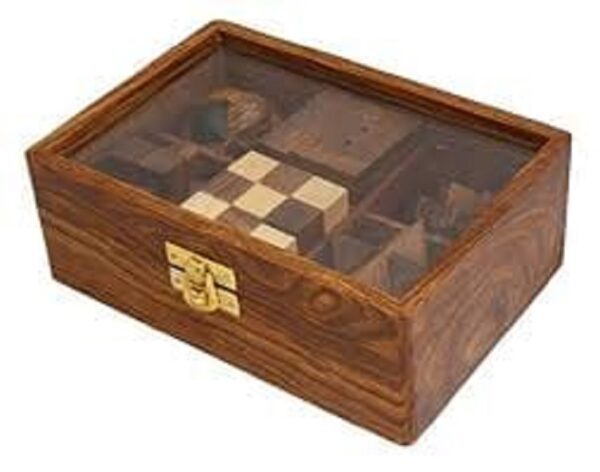 6 IN 1 Wooden Puzzle Game, Indoor Game with Glass Top