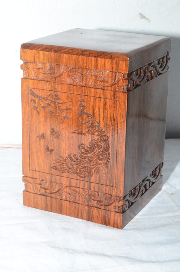 Handcrafted Peacock Design Solid Rosewood Urn Box for Human Ashes I Cremation Wooden Urn Box