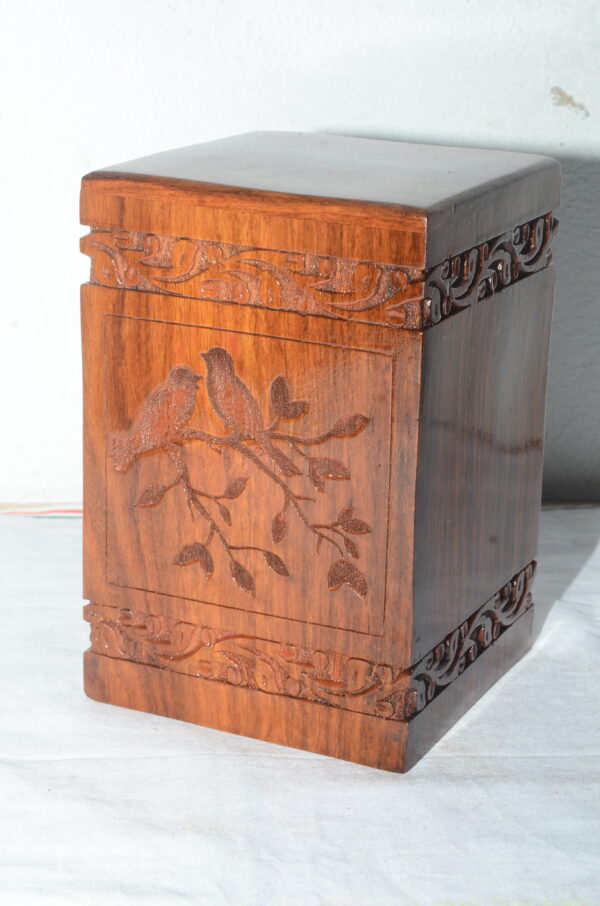 Handcrafted Birds Design Solid Rosewood Urn Box for Human Ashes I Cremation Wooden Urn Box - Image 3