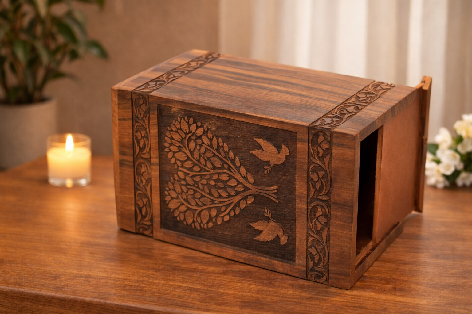 Handcrafted Loving Heart Leaf Design Solid Rosewood Urn Box for Human Ashes I Cremation Wooden Urn Box - Image 3