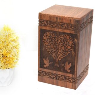Handcrafted Loving Heart Leaf Design Solid Rosewood Urn Box for Human Ashes I Cremation Wooden Urn Box