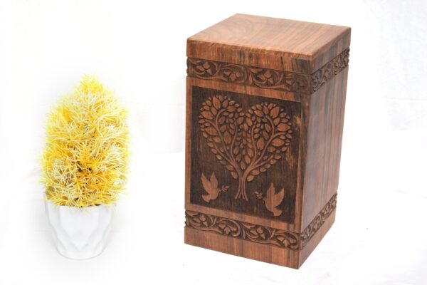 Handcrafted Loving Heart Leaf Design Solid Rosewood Urn Box for Human Ashes I Cremation Wooden Urn Box
