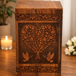 Handcrafted Loving Heart Leaf Design Solid Rosewood Urn Box for Human Ashes I Cremation Wooden Urn Box