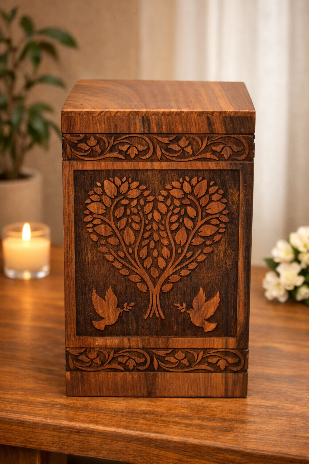 Handcrafted Loving Heart Leaf Design Solid Rosewood Urn Box for Human Ashes I Cremation Wooden Urn Box