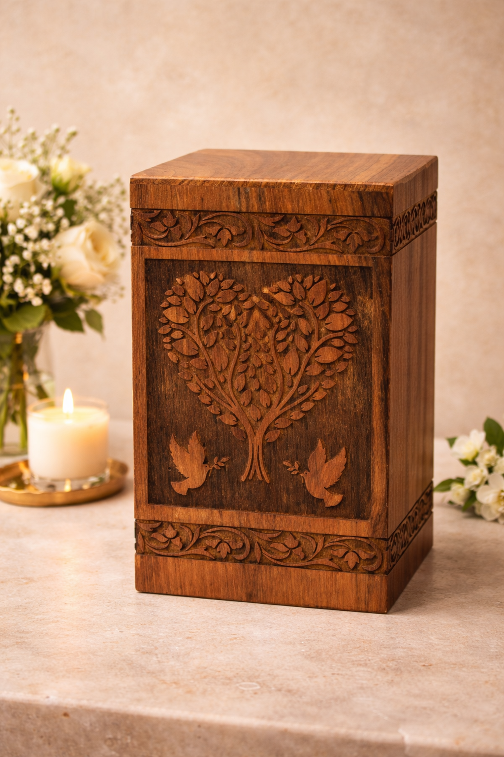 Handcrafted Loving Heart Leaf Design Solid Rosewood Urn Box for Human Ashes I Cremation Wooden Urn Box - Image 4