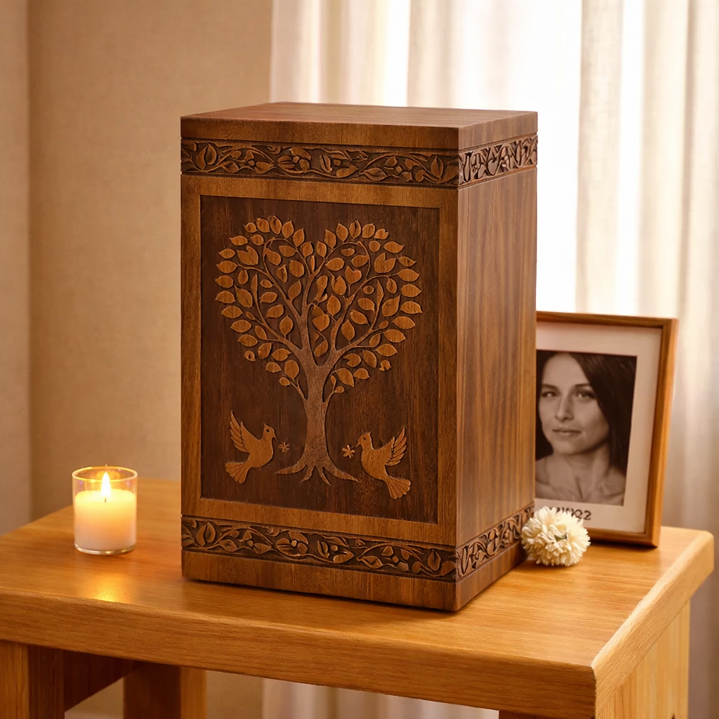 Handcrafted Loving Heart Leaf Design Solid Rosewood Urn Box for Human Ashes I Cremation Wooden Urn Box - Image 5